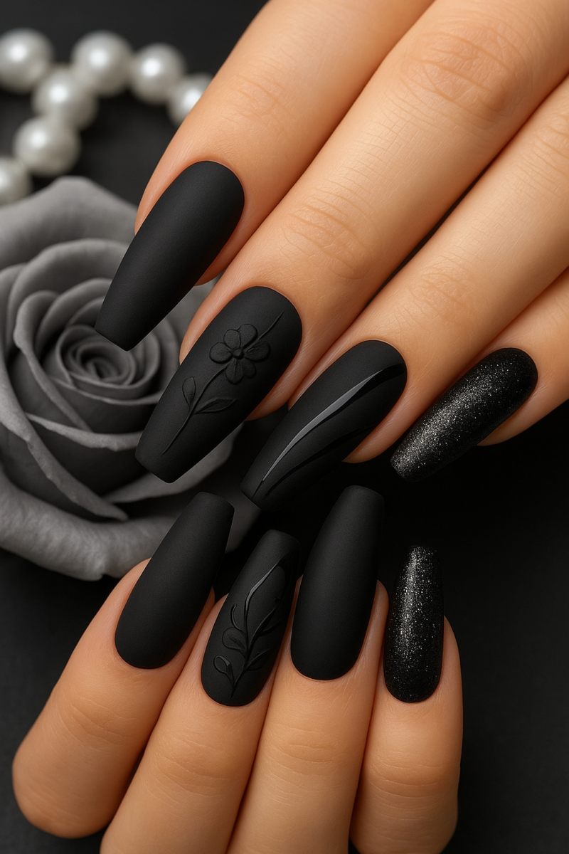 Manucure noire mate chic