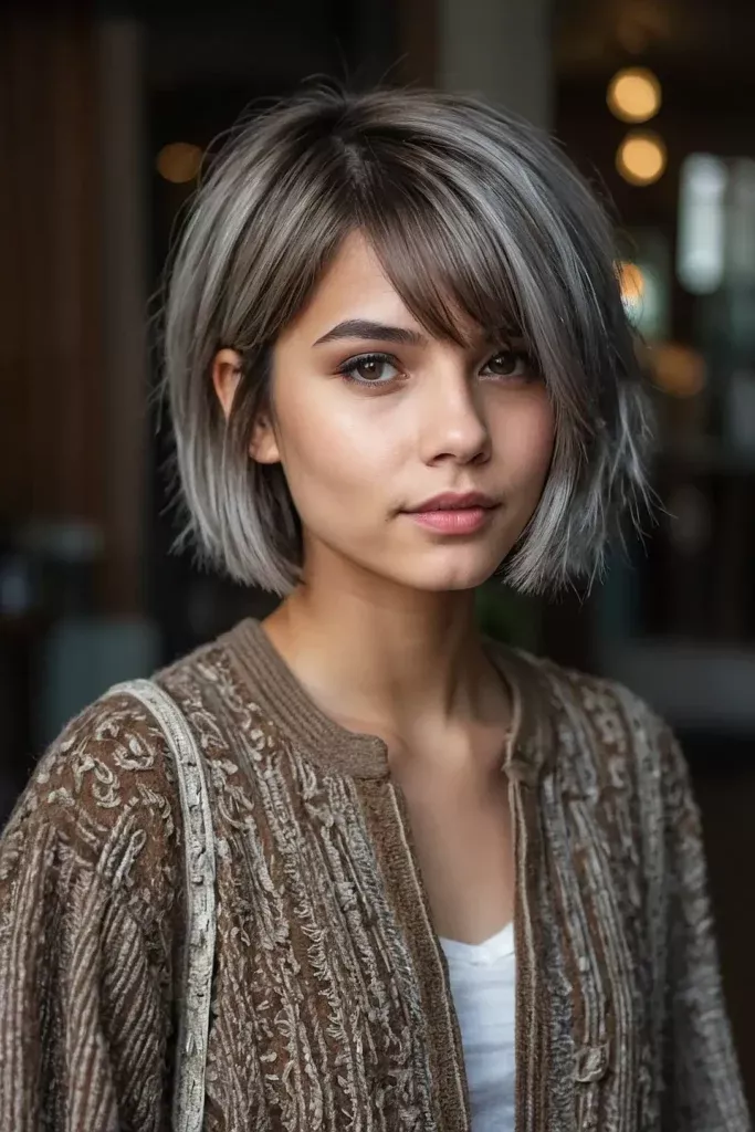 balayage gris sur brune cheveux court